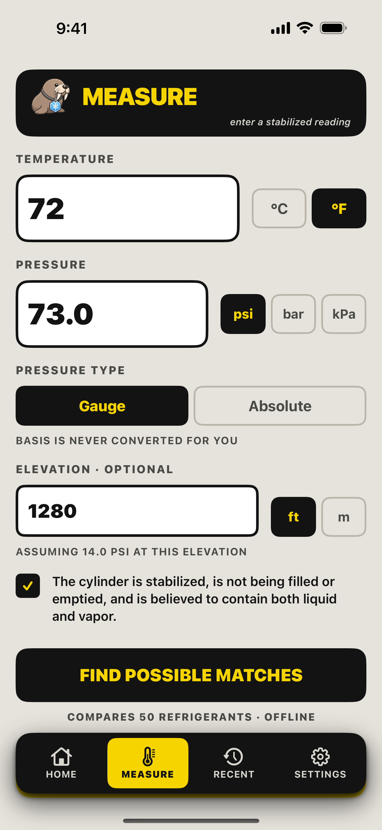 WALRUS measurement entry screen for temperature, pressure, pressure basis, and elevation