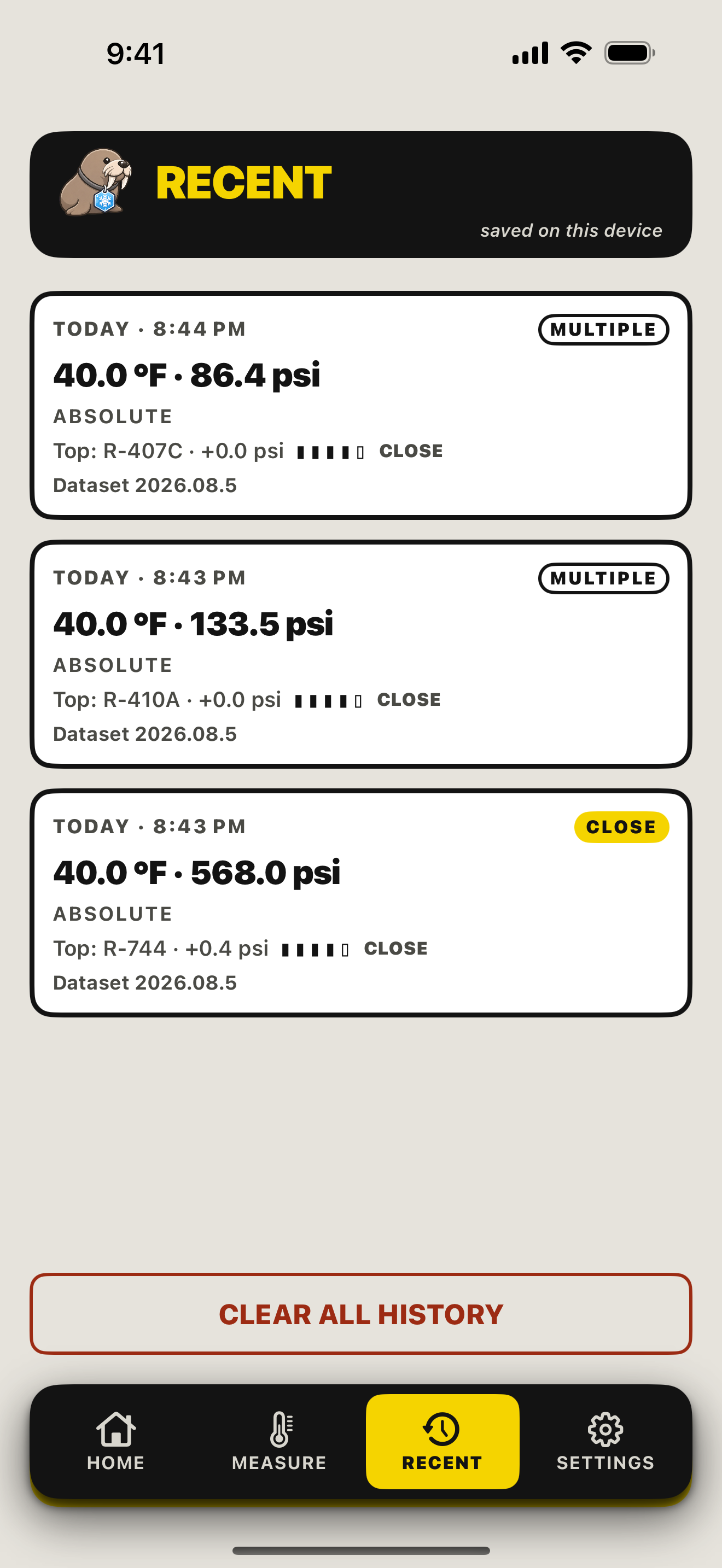 WALRUS recent comparisons screen with locally saved field readings
