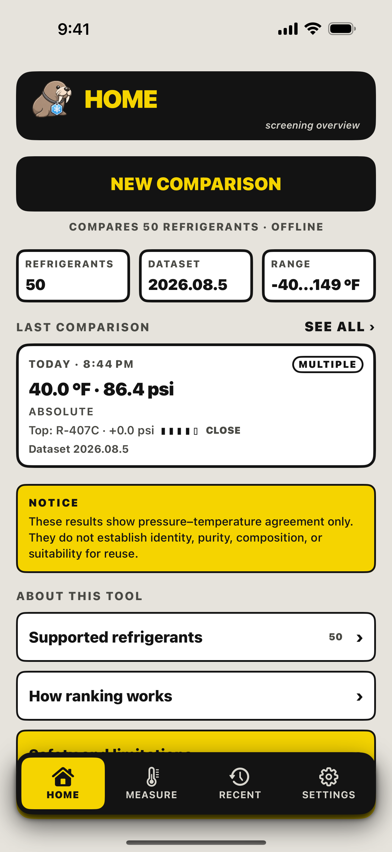 WALRUS home screen with options to start a new comparison and review recent comparisons
