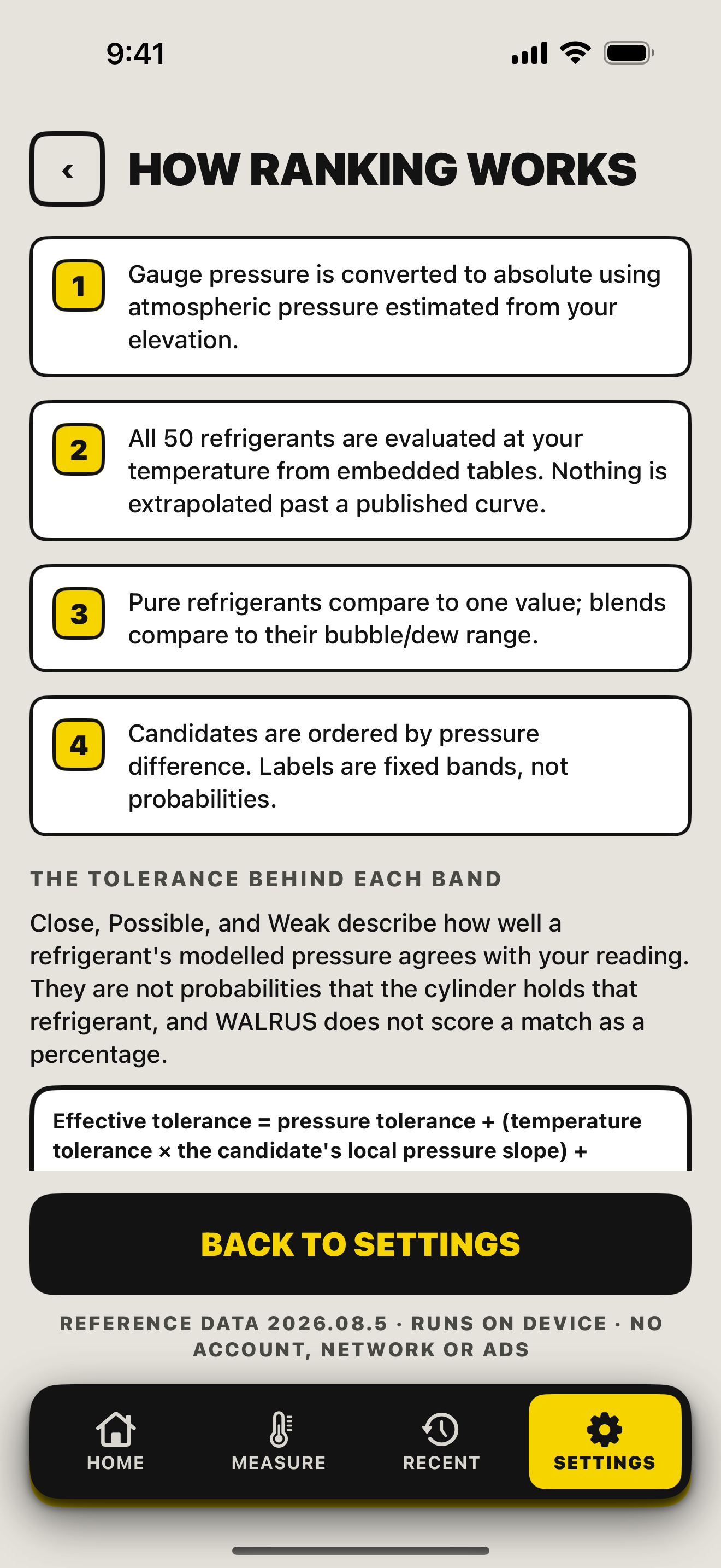 WALRUS explanation screen describing how candidates are ranked by pressure–temperature agreement